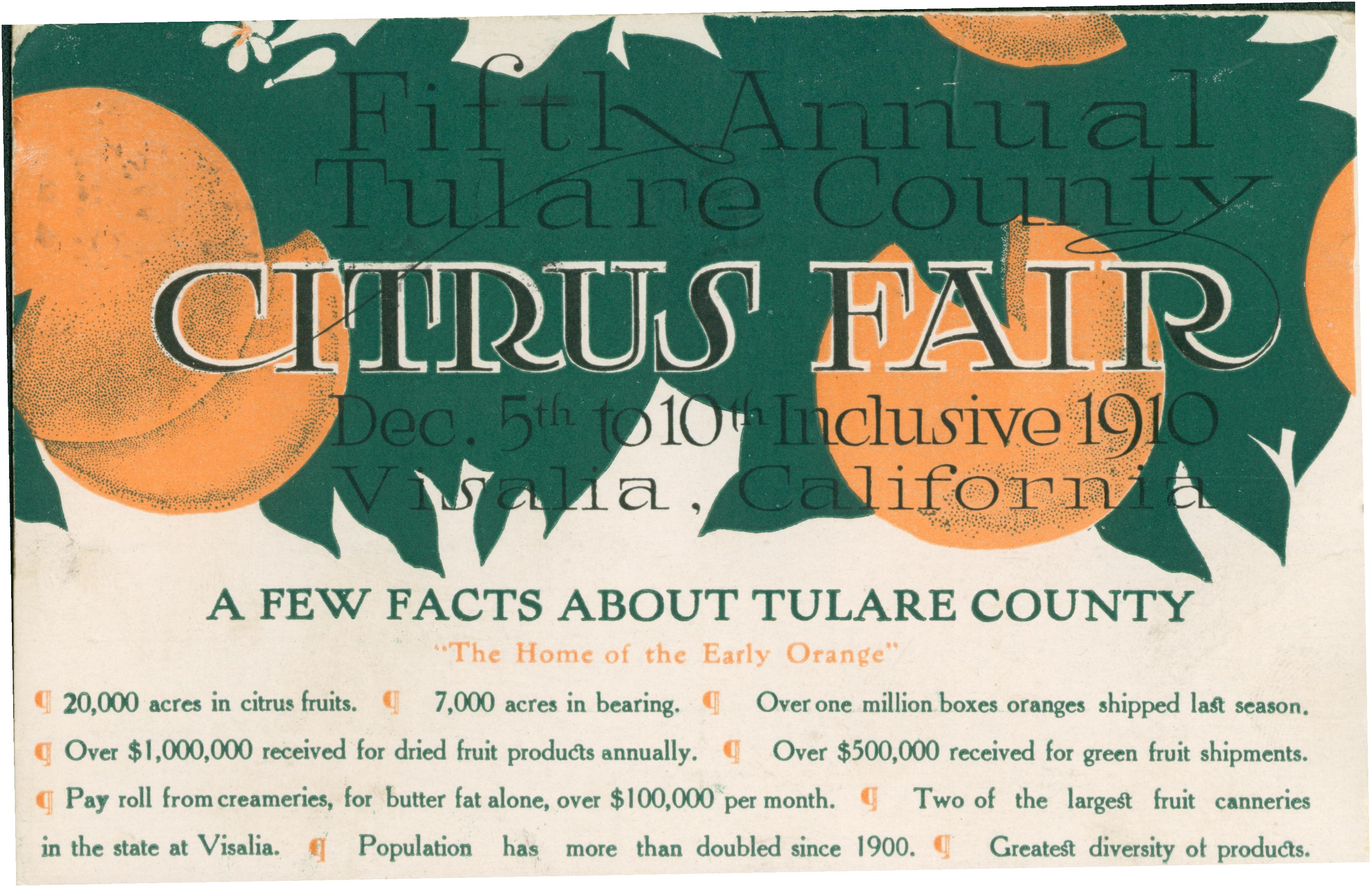Shows fair information with graphics of oranges in the background